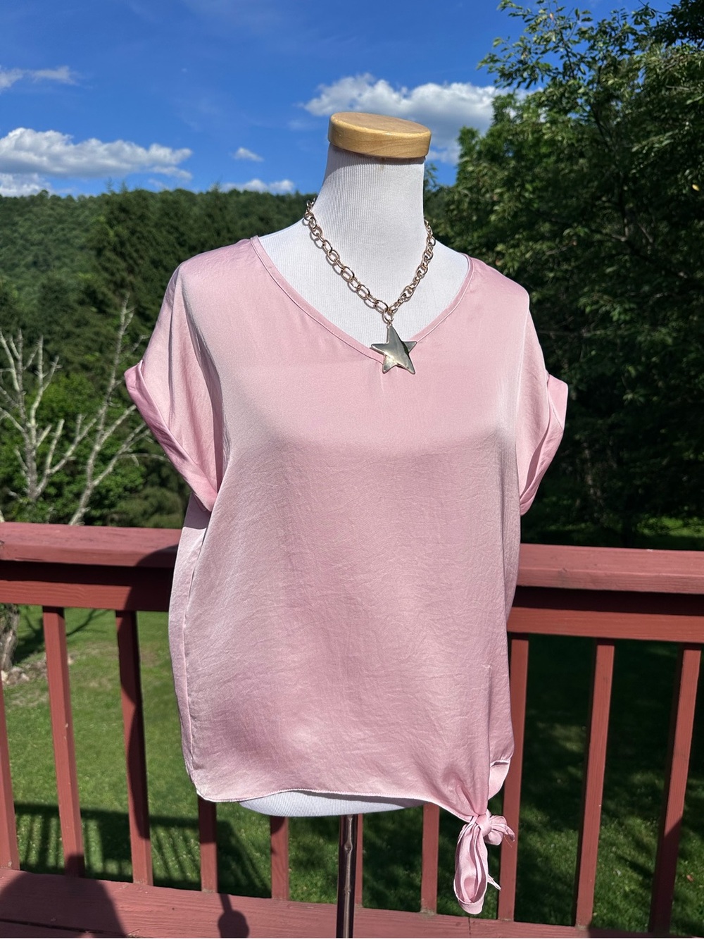 Frank Lyman Design Blush Pink V-Neck Tie-Hem Blouse
